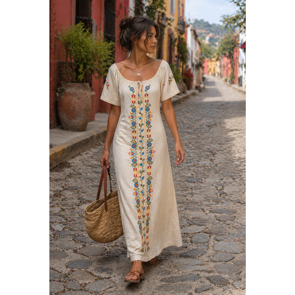 Vintage Mary Vi BARBADOS Floral Embroidered Maxi Dress Mexico Folk Cotton MINT M - Picture 2 of 15